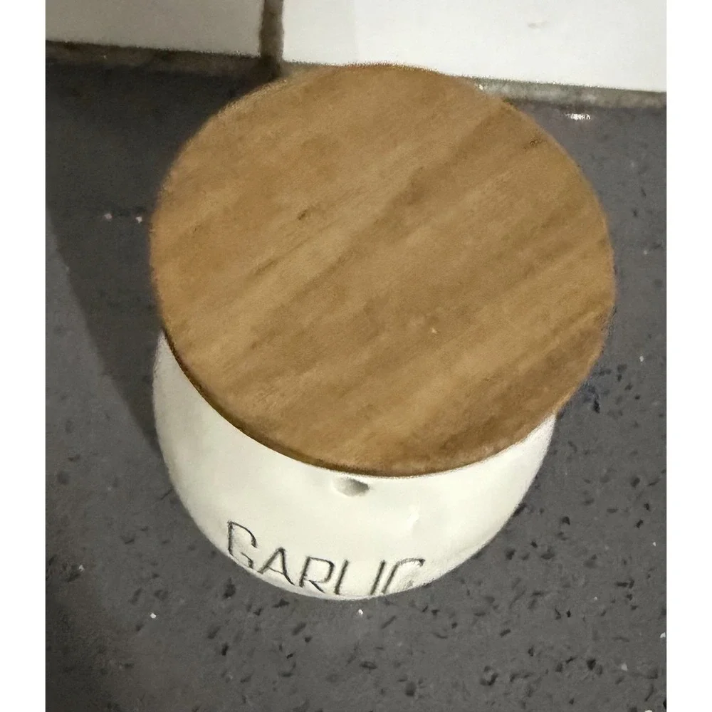 Mud Pie Bistro Garlic Keeper Ceramic Jar with Wood Lid Kitchen Storage